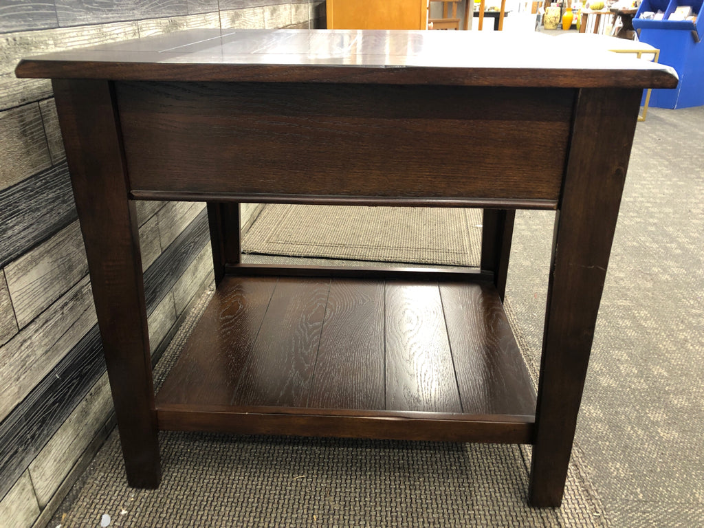 LOOP-HANDLE DARK BROWN END TABLE.