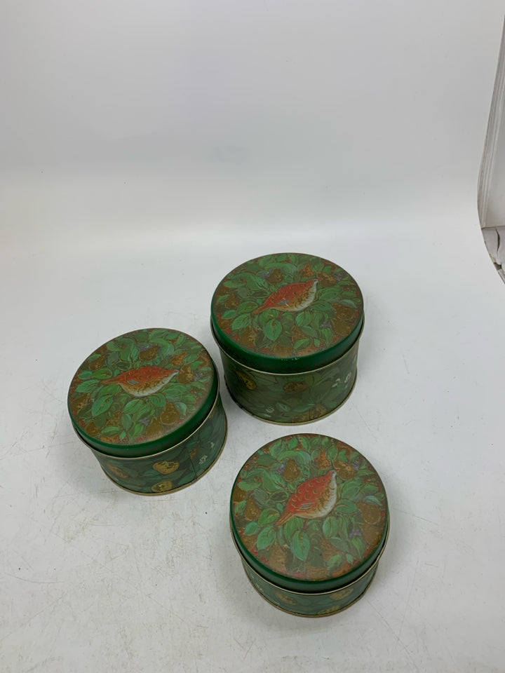 3 VTG CIRCLE METAL NESTING BOXES W/ QUAIL BIRD AND PEARS.