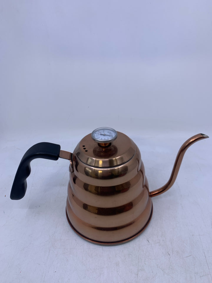 STAINLESS STEEL COPPER COLORED GOOSENECK W/ THERMOMETER BEE HIVE KETTLE.