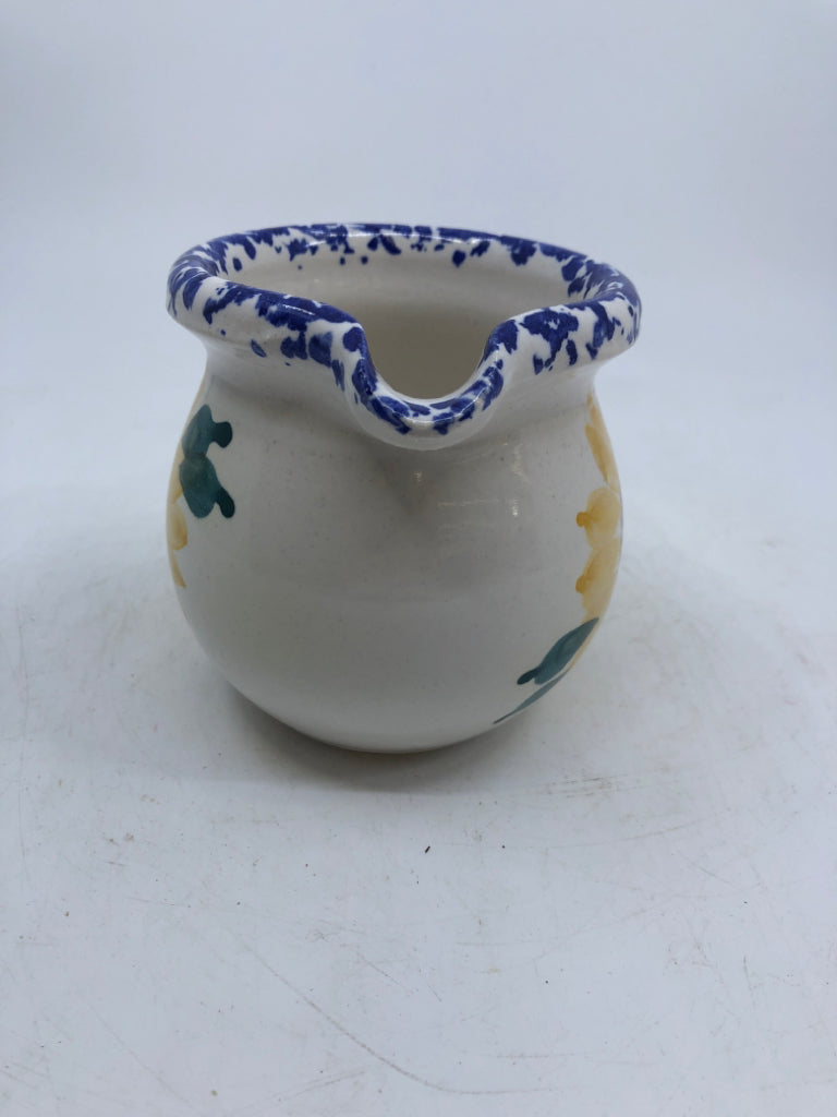 POTTERY WHITE PITCHER W/ PAINTED SUNFLOWER BLUE SPONGE EDGE.