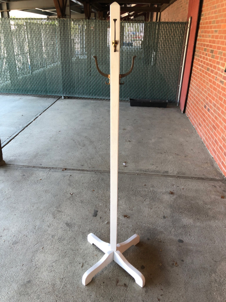 WHITE COAT RACK W/METAL HOOKS.