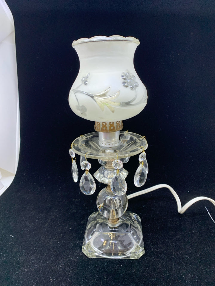 VTG FROSTED GLASS LAMP W JEWELS.