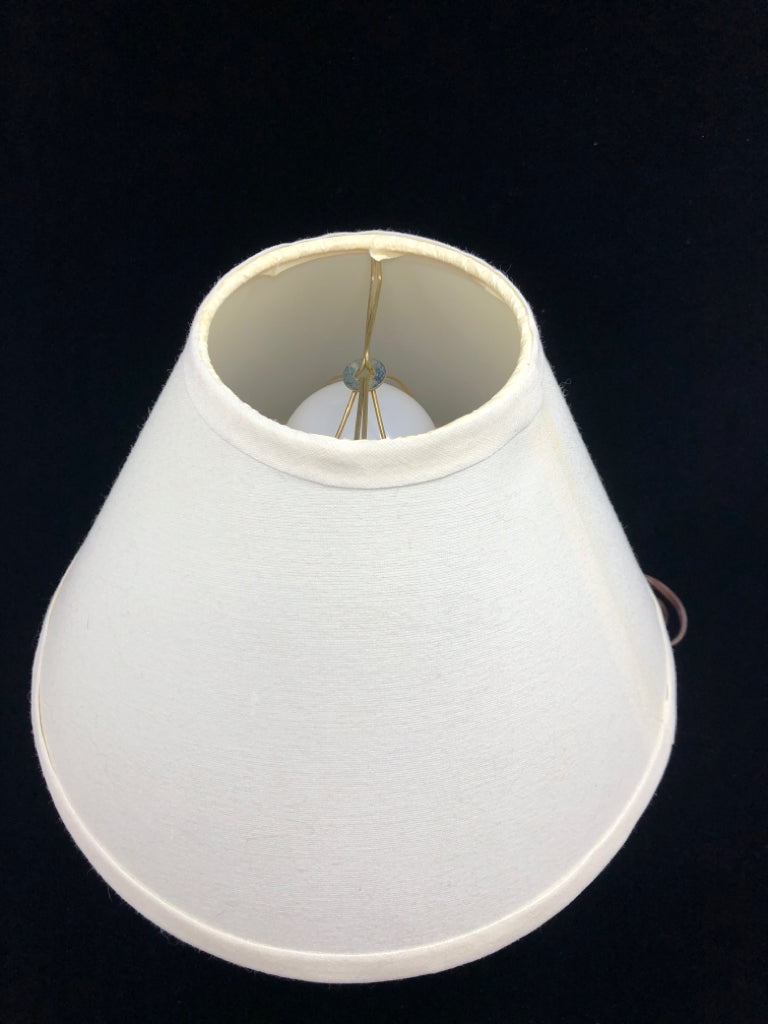 BLUE FLOWER PAINTED CREAM LAMP W/CREAM SHADE.