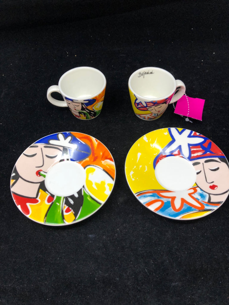 4 PC SVC 2 COLORFUL ESPRESSO MUGS W/ FACES.