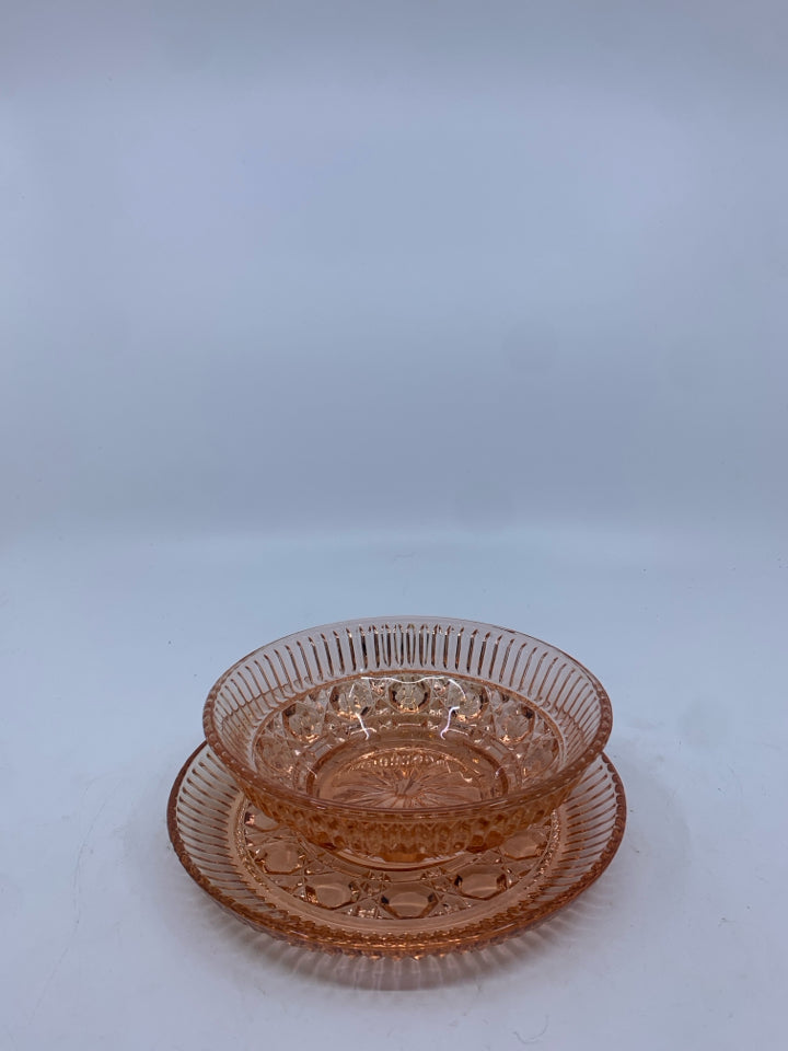 2PC PEACH GLASS BOWL+CATCH PLATE -RIBBED+SHAPES DESIGNS.