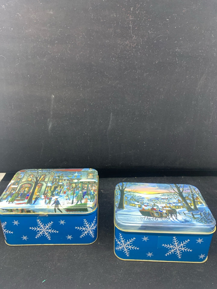 2 WINTER SCENE NESTING TIN BOXES.