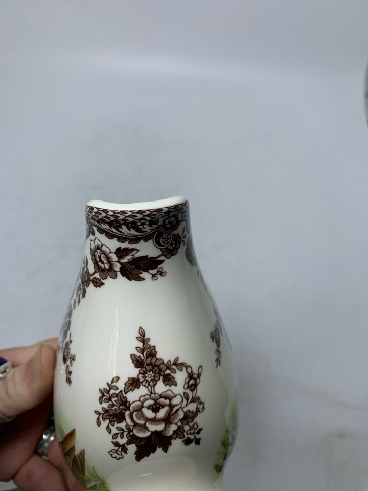 SPODE WOODLAND GRAVY BOAT W/ MALLARD DUCK & SNIPE BIRD BROWN FLORAL BOARDER.