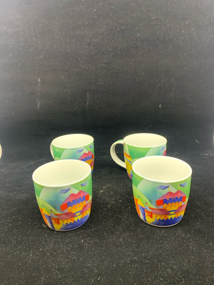 4 COLORFUL FUN FANTASY CASTLE MUGS.