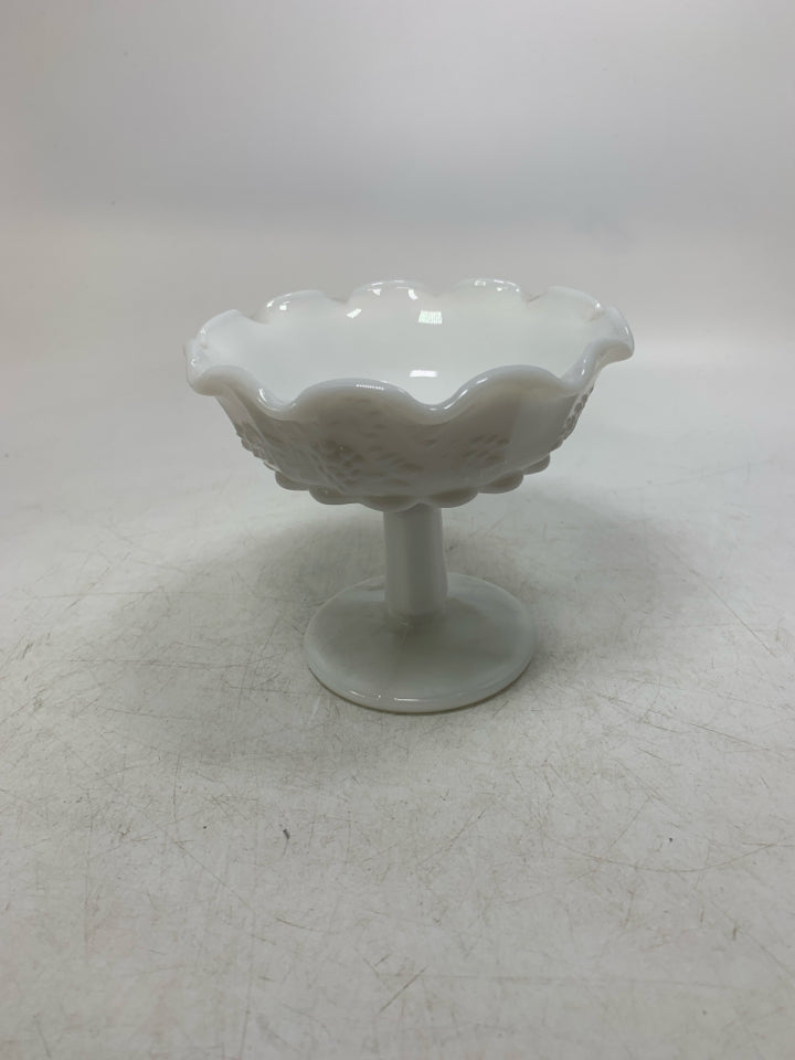 SMALL PEDESTAL BOWL EMBOSSED GRAPES RUFFLED EDGE.