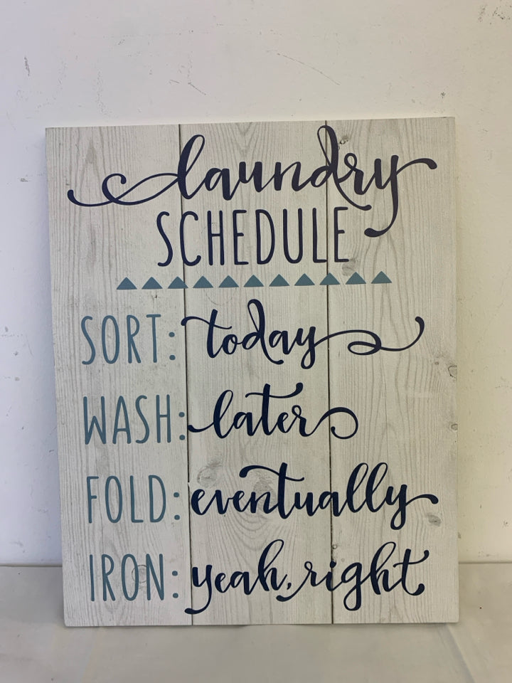 WHITE WOOD LAUNDRY SCHEDULE WALL HANGING.