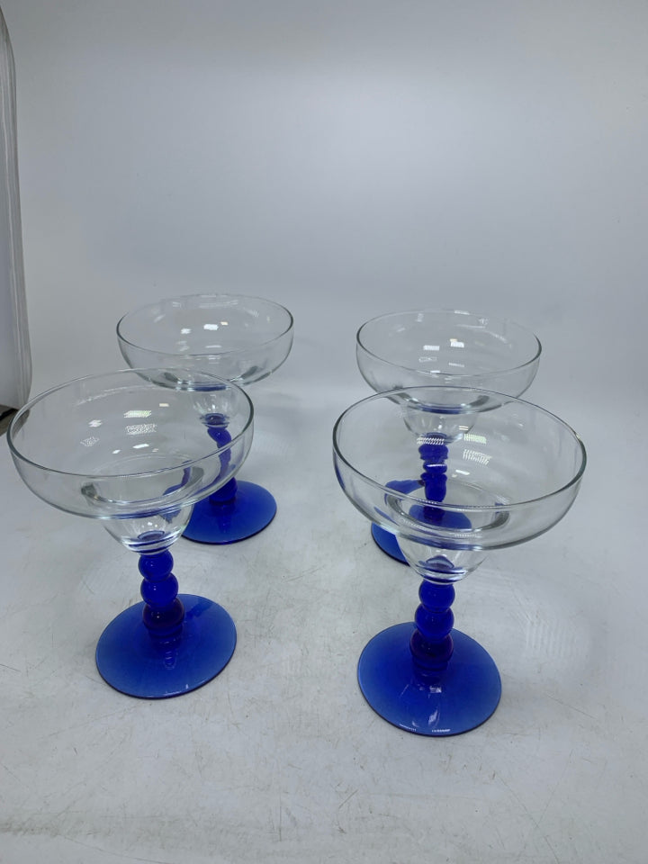 4 BLUE STEM MARGARITA GLASSES.