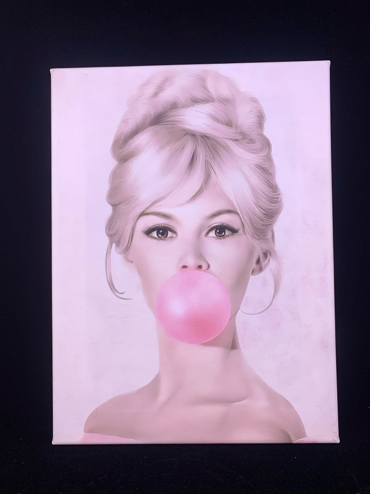 BLONDE GIRL BLOWING BUBBLE GUM CANVAS WALL ART.