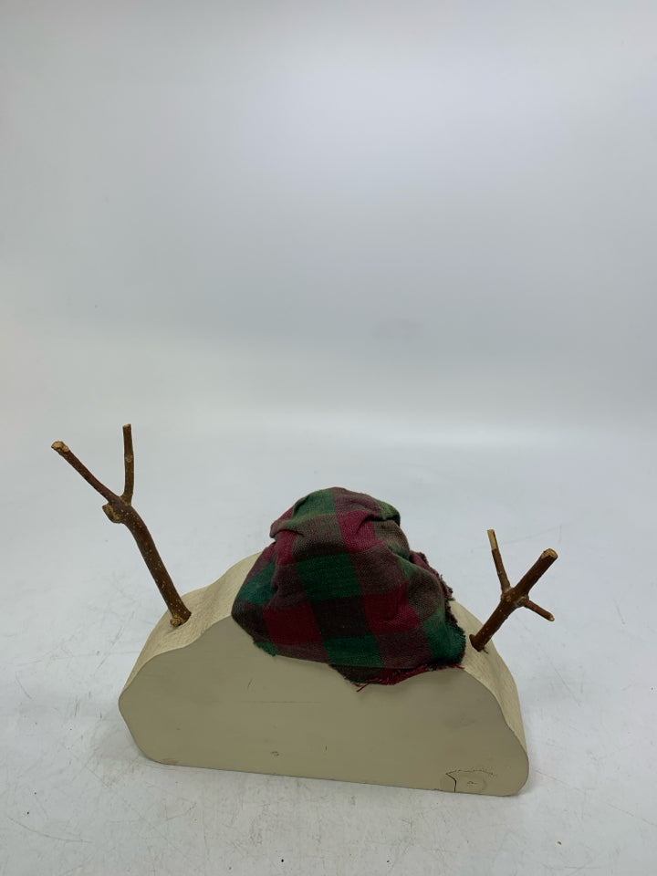 PRIMITIVE STYLE WOOD SNOWMAN W/ PLAID SCARF WRAPPED AROUND HEAD.