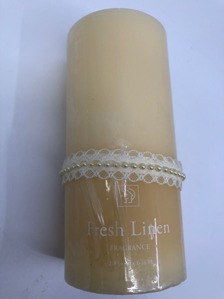 FRESH LINEN PILLAR CANDLE.