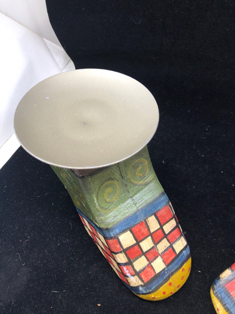 2 HEAVY WOOD SHOES W/ PAINTED DETAIL PILLAR CANDLE HOLDERS.