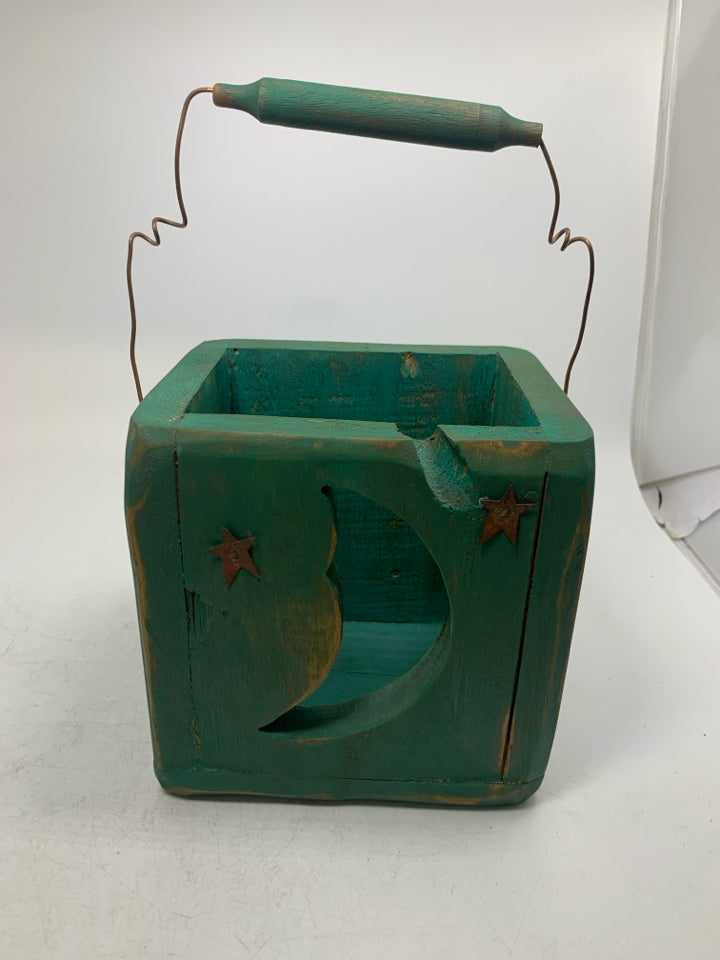 WOOD BASKET W/ CRESCENT CUTOUT.