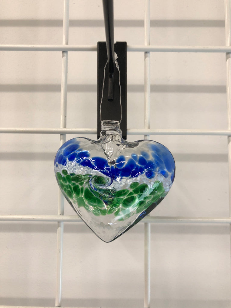 BLUE/GREEN BLOWN GLASS HEART.