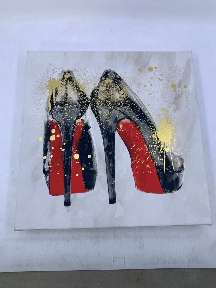 BLACK HIGH HEELS W/ GOLD SPLATTER CANVAS.