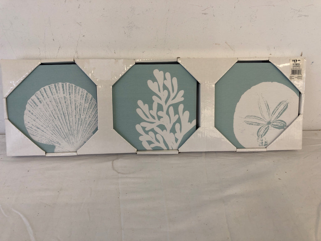 NEW 3PC TEAL SEASHELL CANVAS WALL ART.