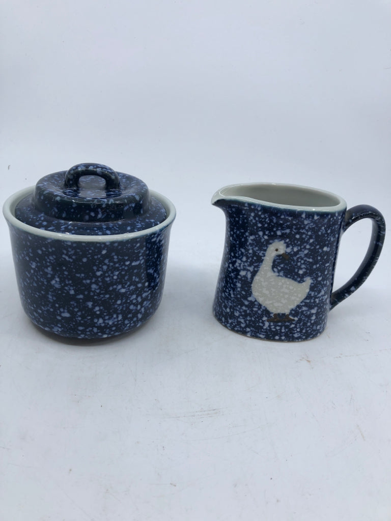 VTG DARK BLUE SPONGE SUG/CREAMER W/ WHITE DUCK.