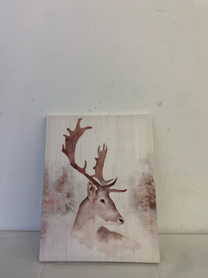 WHITE AND RED WATER COLOR DEER STAG CANVAS WALL ART.