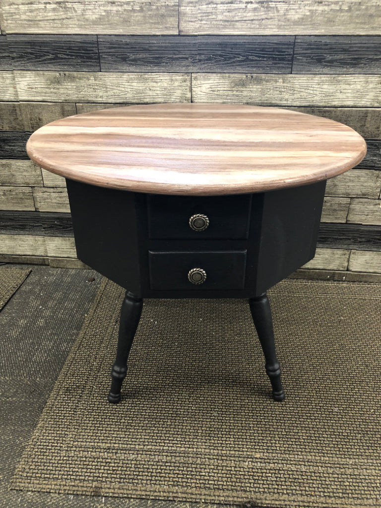 ROUND WHITE WASHED SIDE TABLE W/BLACK BOTTOM, TWO DRAWERS.