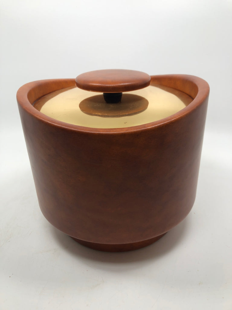 VTG MCM LEATHER ICE BUCKET W/GOLD METAL LID.
