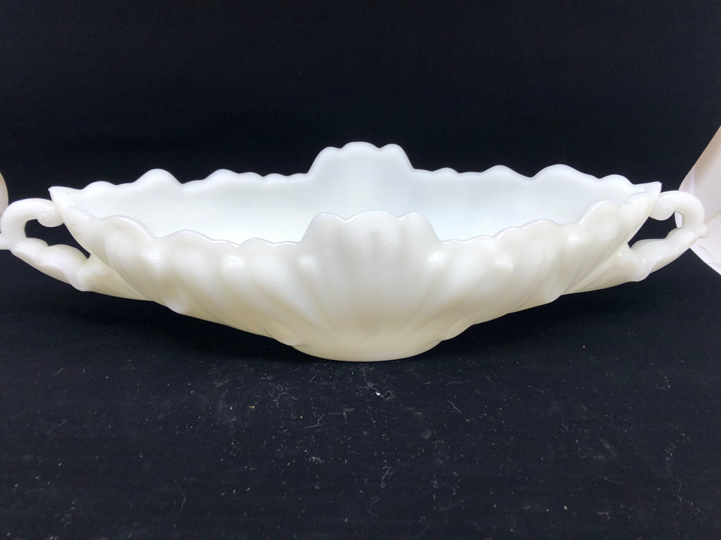 LARGE HEAVY MILK GLASS ABSTRACT CENTERPIECE W/ HANDLES.