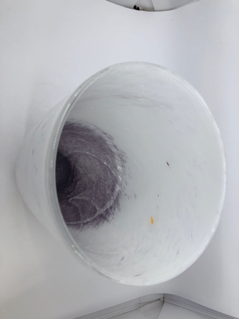 LARGE GLASS WHITE AND PURPLE VASE.