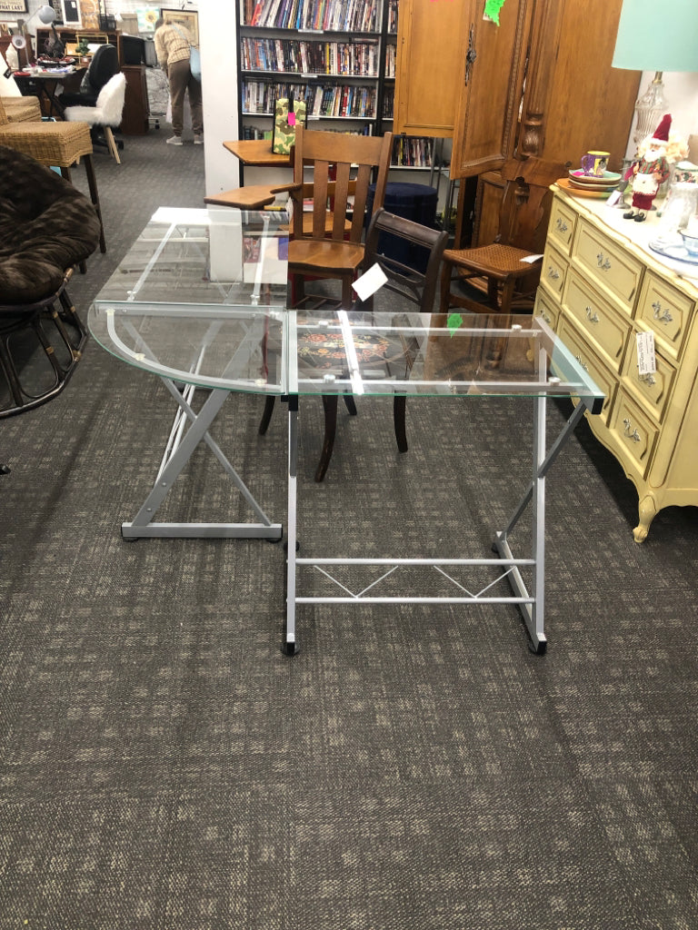 L SHAPED GLASS & METAL DESK.