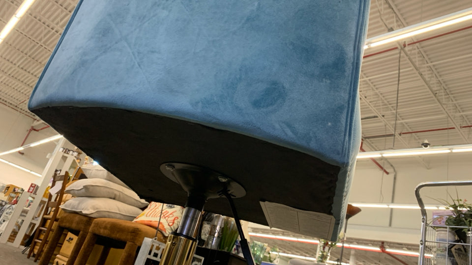 TEAL BLUE VELOUR OFFICE SWIVEL CHAIR W/ GOLD STUDS/LEGS.