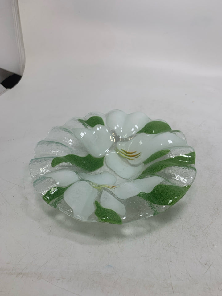 WHITE FLOWERS FUSED RUFFLED GLASS SMALL BOWL *SIGNED.