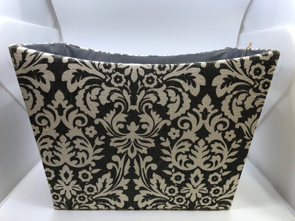 RECTANGULAR GREY FABRIC BIN W/WHITE FLORAL.