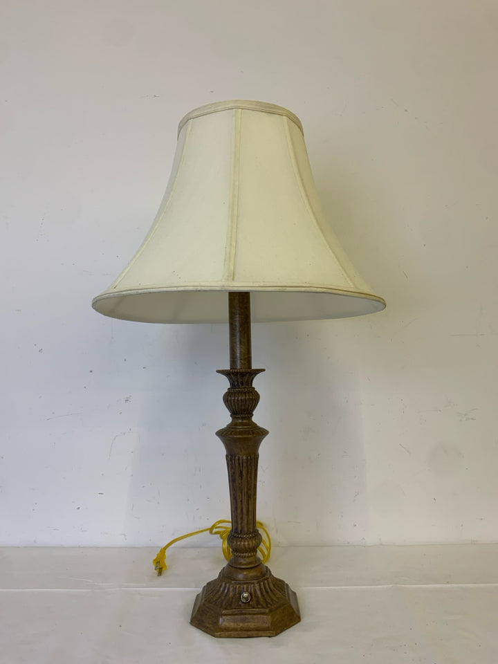 TAN METAL LAMP W/ CREAM SHADE.