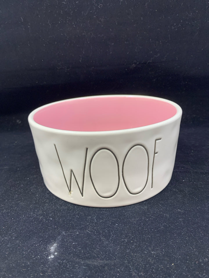 RAE DUNN "WOOF" W/ PINK INSIDE DOG WATER BOWL.