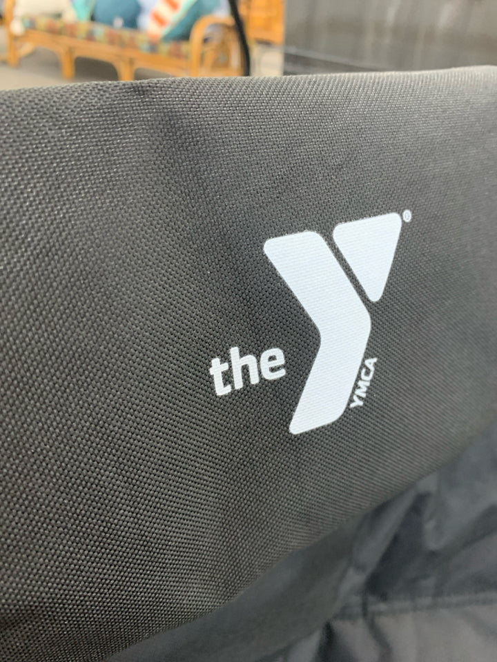 BLACK RECLINING SPORTS CHAIR W/DETACHABLE YMCA HEAD REST.