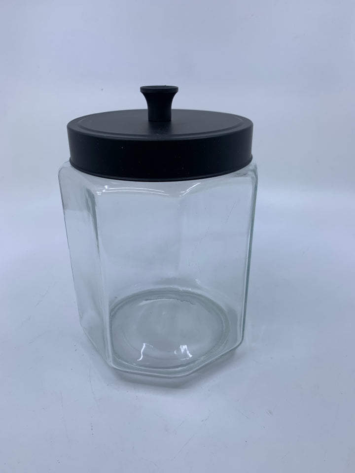 OCTAGON GLASS CANISTER W/ BLACK METAL LID.