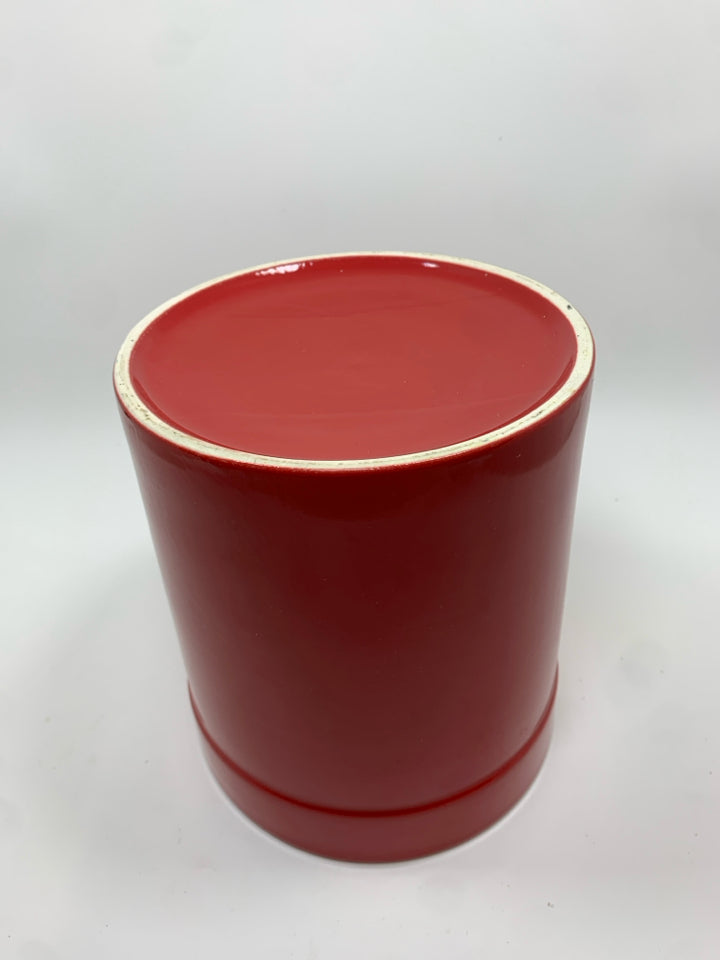 RED CERAMIC UTENSIL CROCK.