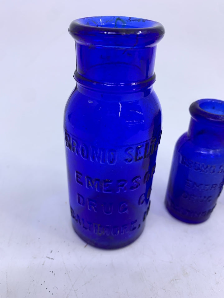 3 PC COBALT BLUE EMPTY GLASS "BROMO SELTZER EMERSON DRUG CO BALTIMORE, MD".