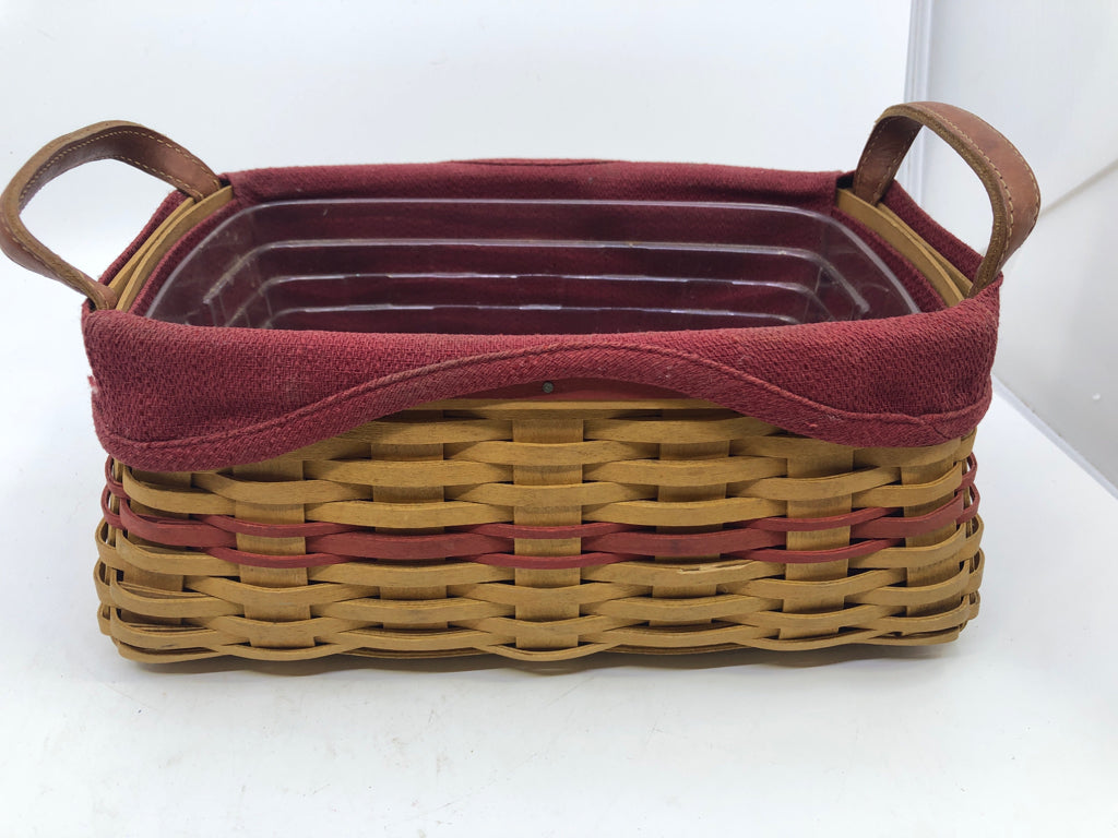 2002 CHRISTMAS COLLECTION, TRADITIONS BASKET W/RED LINER, PROTECTOR, 2 HANDLES.