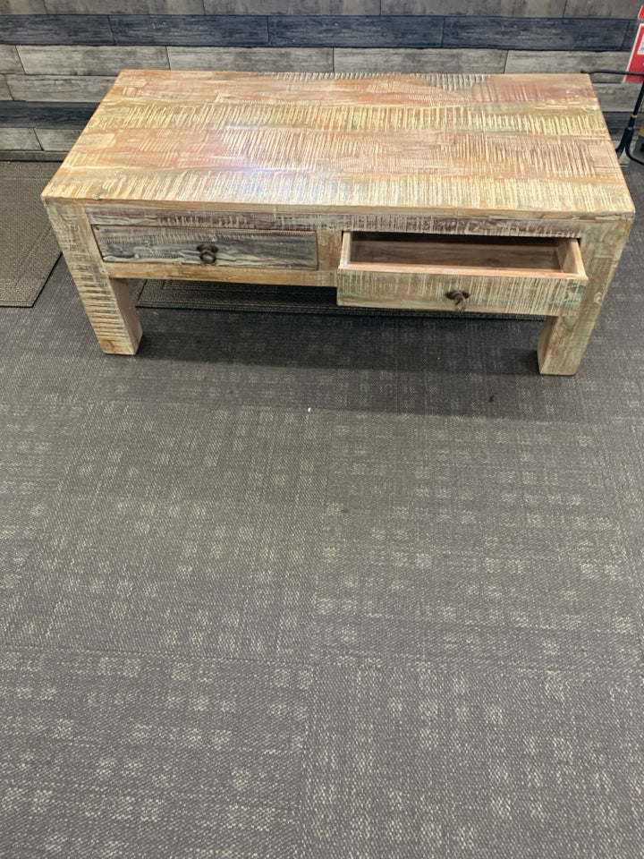 HEAVY DISTRESSED WHITE + CREAM COFFE TABLE W/ THICK LEGS 2 DRAWERS.