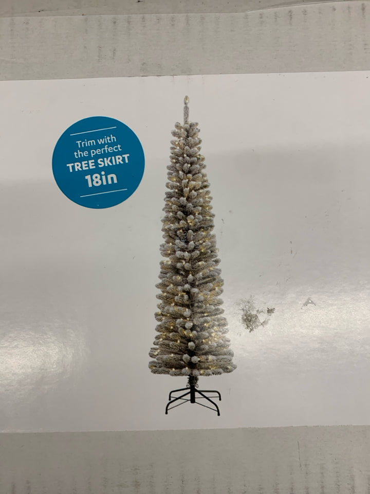 NIB 6 1/2 FT PRE-LIT FLOCKED SLIM SUMMIT FIR TREE.