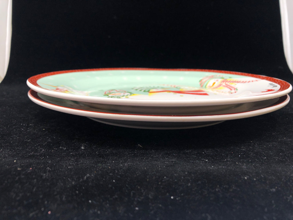 2 SNOWMEN PLATES W/ RED POLKA DOT EDGE.