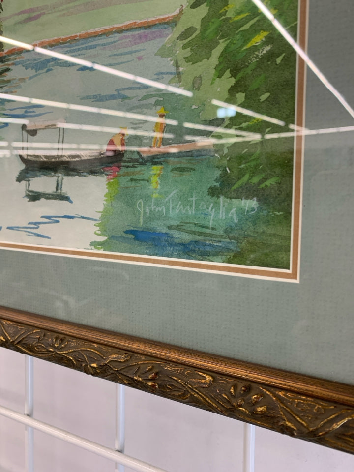 FISHERMEN WATERCOLOR IN GOLD WOOD FRAME.