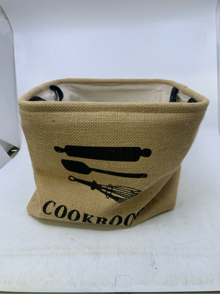 BURLAP FABRIC COOKBOOKS BASKET.