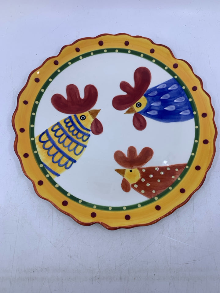 3 CHICKEN HEADS COLORFUL CIRCLE PLATTER.