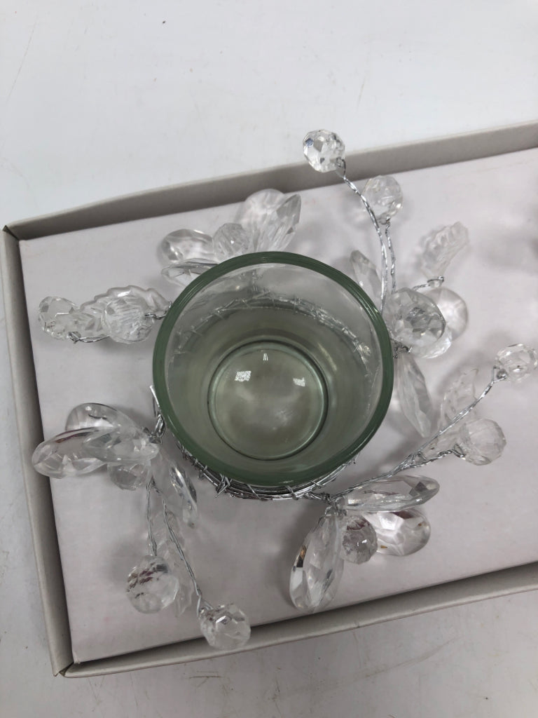 2 FLOWER GEM GLASS VOTIVE HOLDERS IN BOX.