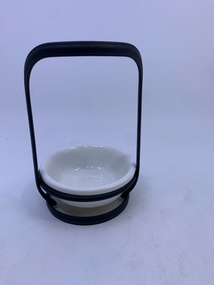 2 PC BLACK METAL WHITE BOWL SPOON REST.