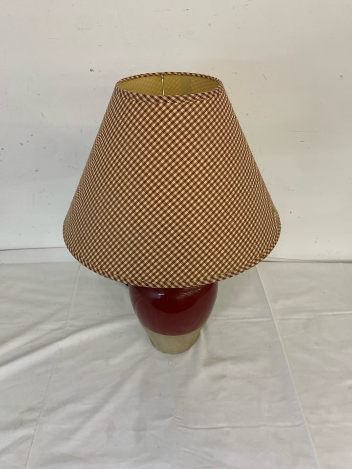 PRIMITIVE RED TAN JUG LAMP W RED SHADE.