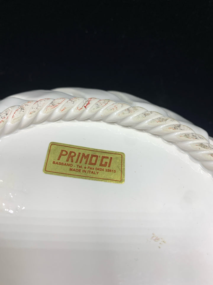 WHITE CERAMIC BASKET WEAVE BOWL.
